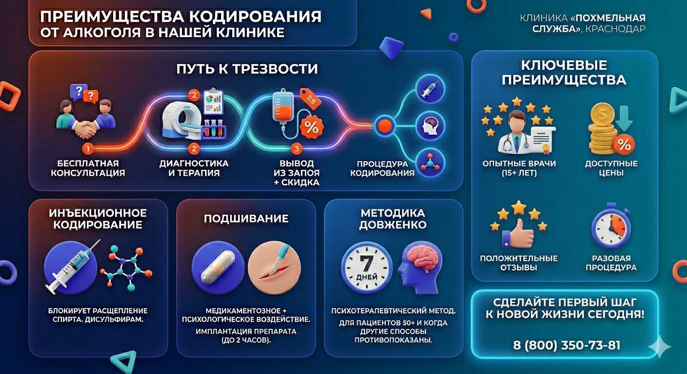 Инфографика о методах кодирования от алкоголя в Быстром Истоке: инъекции, подшивание, метод Довженко. Преимущества клиники и этапы лечения.