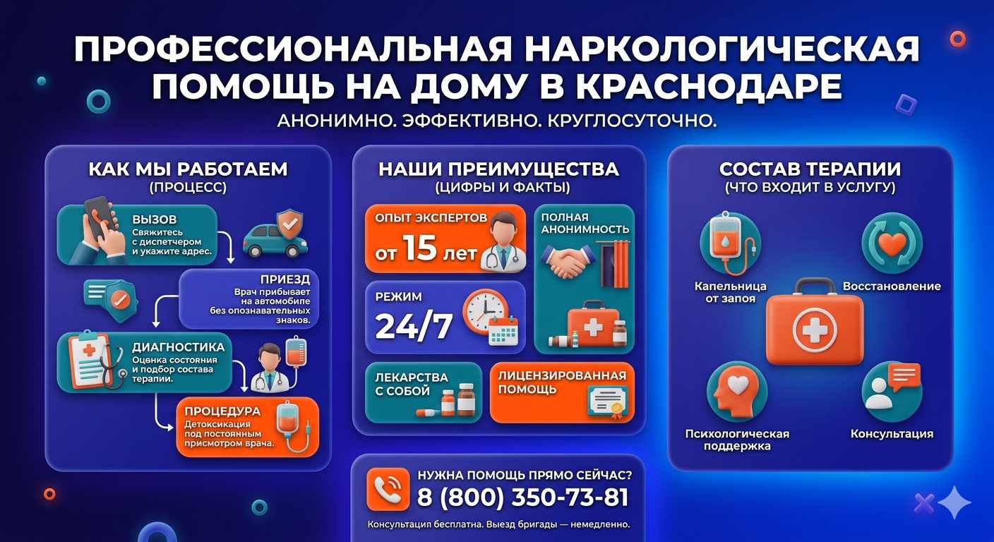 Инфографика о принципах лечения алкоголизма на дому в Быстром Истоке: этапы вызова нарколога, преимущества анонимной детоксикации и состав медицинской помощи.